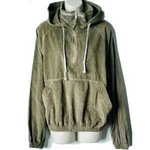 American Eagle 100% Cotton Pacey Corduroy Half Zip Pullover Hoodie S Olive Green
